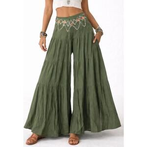 SpyZone Exchange Cotton Wide leg palazzo pants embroidered green Boho S NWT